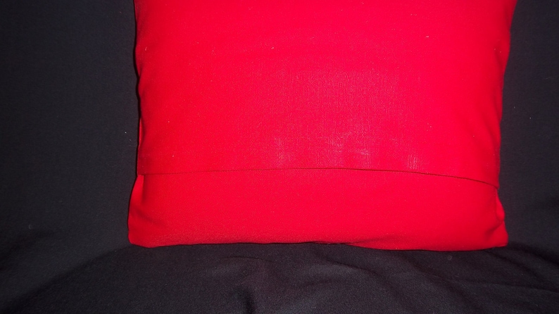 May include: A square, solid red pillow with a seam near the bottom. The pillow is made of a smooth fabric and sits on a black surface. The pillow is a vibrant, saturated red.