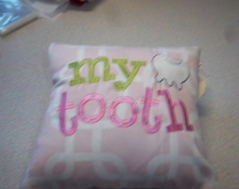 1907  Embroidered Tooth Fairy Pillow on Pink and White Fabric