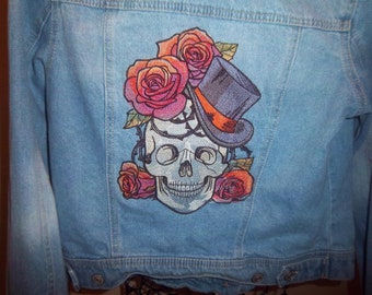 1951 Embroidered  Skull and Top Hat Denim Jacket