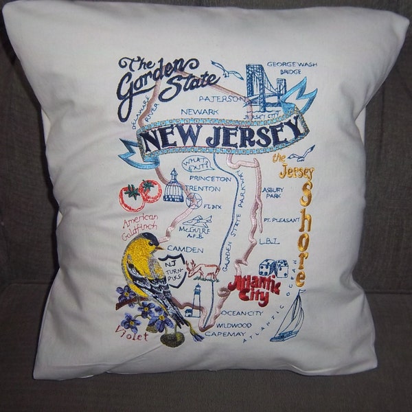 Embroidered State Map Pillow New Jersey