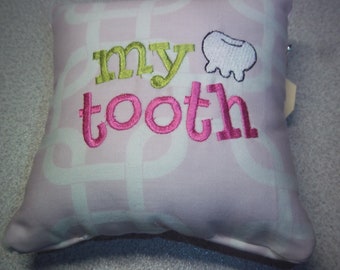 1927  Embroidered Tooth Fairy Pillow on Pink and White Fabric