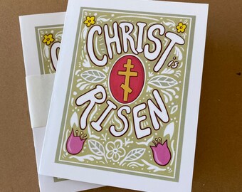 6 pack Pascha Cards- Christ is Risen! Tulip w/Green background + white text + Blank inside