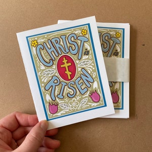 6 pack Pascha Cards- Christ is Risen! Tulip w/Green background & blue border + Blank inside