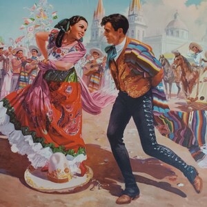 Vintage Mexico Calendar art Eduardo Catano Mexican Hat Dance imagem 2