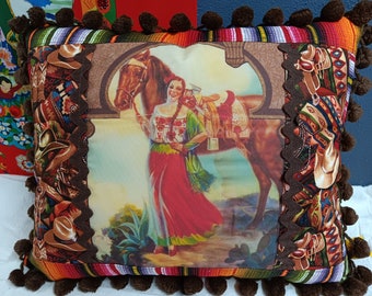 Vintage Mexican Senorita Cowgirl Calendar Art pillow