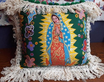 Virgin of Guadalupe tablecloth pillow and Mission San Juan Capistrano 2 sided pillow