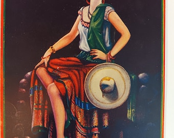 Rare Vintage Mexico Calendar art Senorita Sombrero Mexican skirt rebozo Barrow Cactus