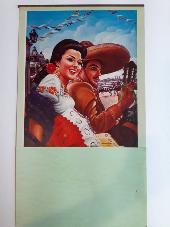 絵画 70s Mexican pair art Vintage Mexico Calendar Art Fiesta Rodeo Guitar Flags Big