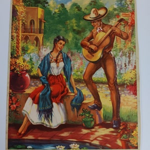 Vintage Mexican Calendar Print 1940s Moonlight guitar Serenade flower garden imagem 3