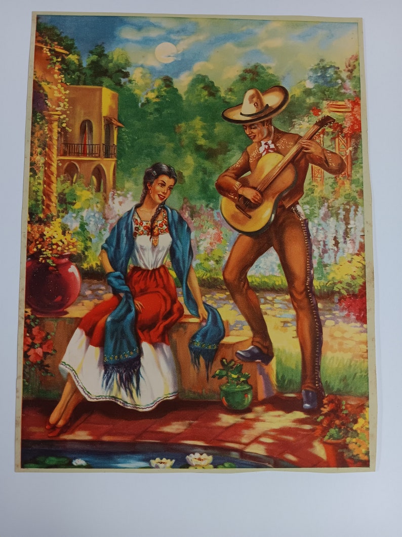 Vintage Mexican Calendar Print 1940s Moonlight guitar Serenade flower garden imagem 3