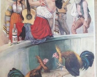 Rare Vintage Mexico Calendar art lithograph 1940s signed titled Palenque Cockfight