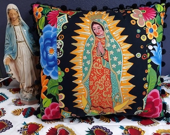 Virgen of Guadalupe pillow folk art batea bowl flowers cushion throw pillow 2 sided design