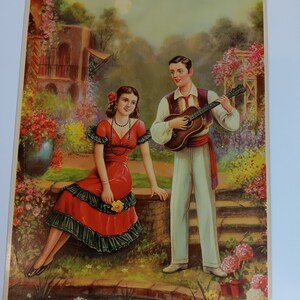 Vintage Mexican Calendar art Young Love Serenade garden flowers 11x17 image 3