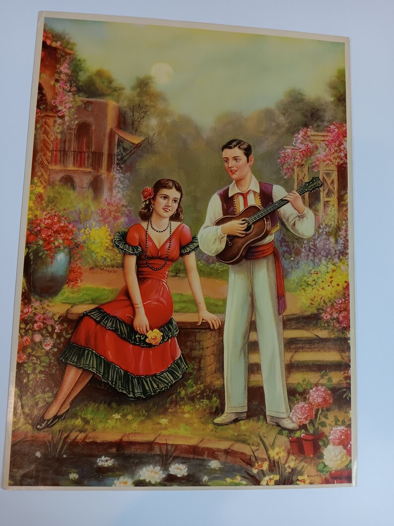 Vintage Mexican Calendar art Young Love Serenade garden flowers 11x17 image 3