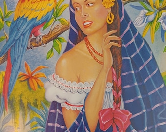 Vintage Mexico Calendar print Senorita Long Braids blue Rebozo bowl of fruit tropical garden parrot