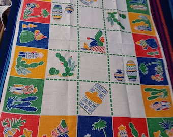 Vintage Mexican towel kitchen linen motifs of Donkeys cactus talavera pots Senoritas
