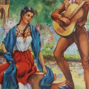 Vintage Mexican Calendar Print 1940s Moonlight guitar Serenade flower garden imagem 2