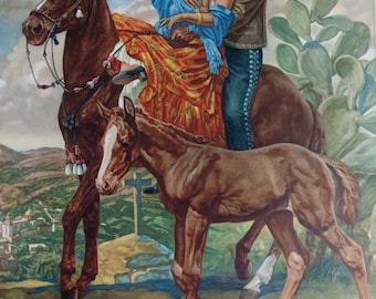 Rare Old Mexico Calendar art Horses Family riding horseback baby colt