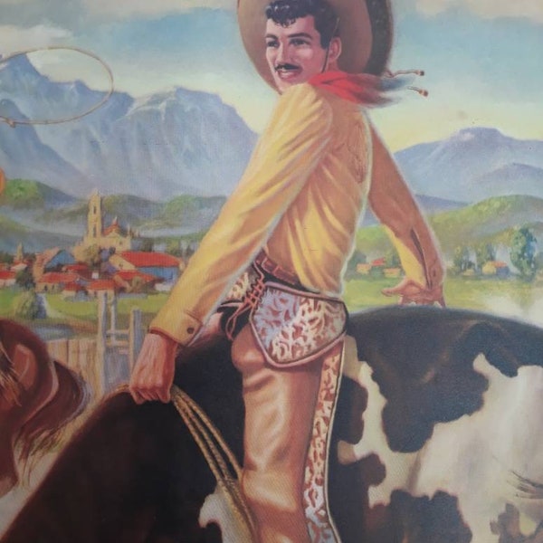 calendrier vintage mexicain Bull Rider Cowboy Rodeo calendrier art