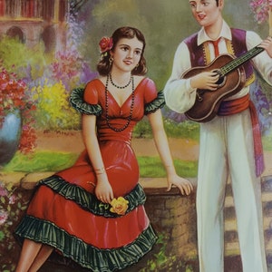 Vintage Mexican Calendar art Young Love Serenade garden flowers 11x17 image 1