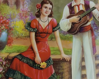 Vintage Mexican Calendar art Young Love Serenade garden flowers 11x17