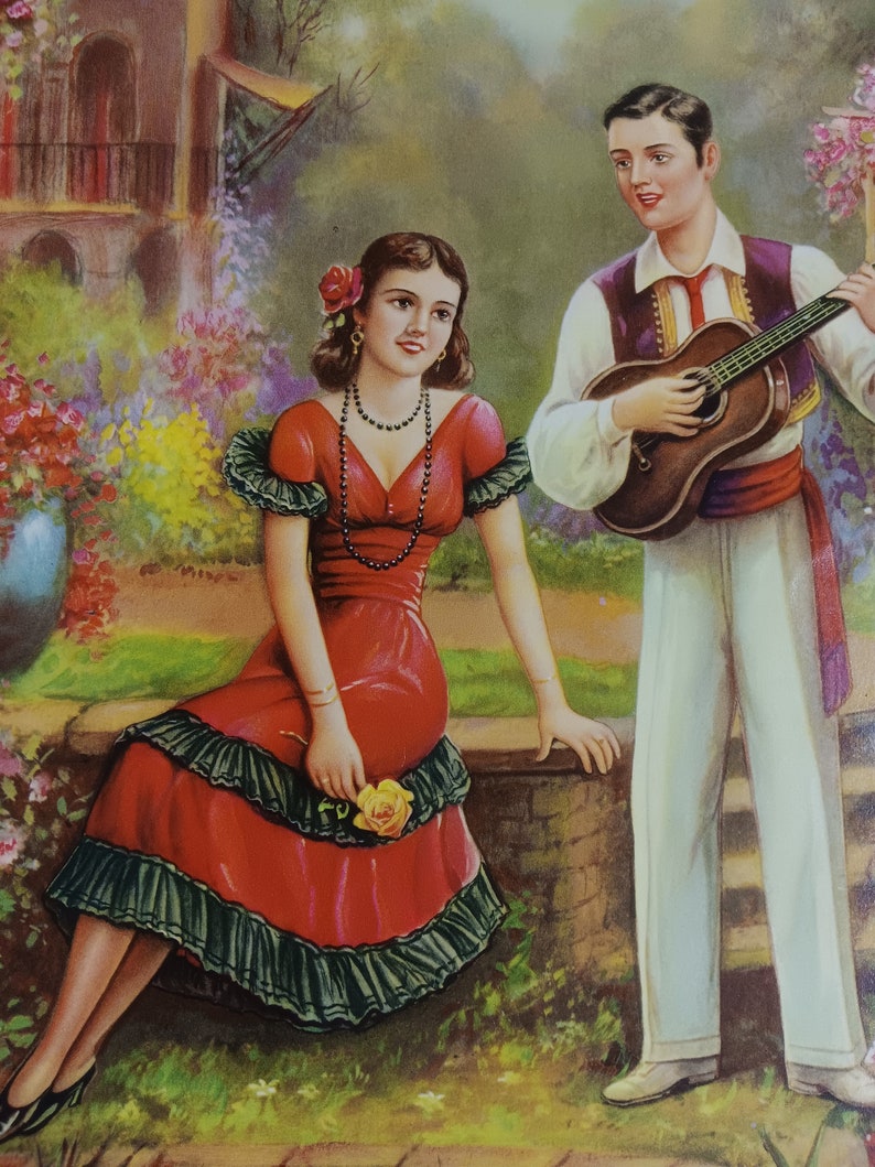 Vintage Mexican Calendar art Young Love Serenade garden flowers 11x17 image 1