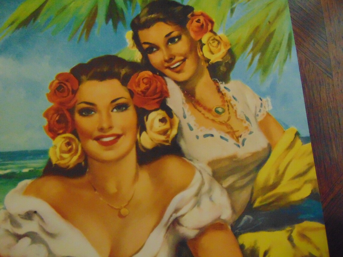 vintage-mexican-calendar-art-print-2-senoritas-by-the-sea-etsy