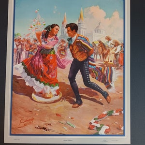 Vintage Mexico Calendar art Eduardo Catano Mexican Hat Dance imagem 5