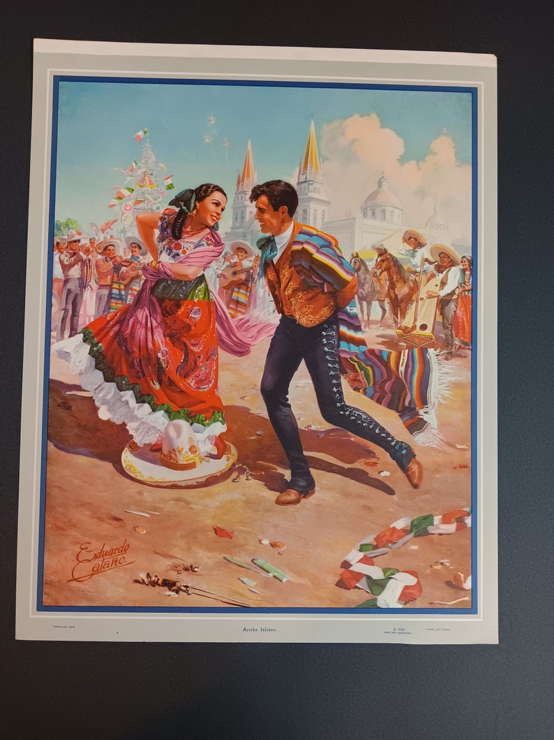 Vintage Mexico Calendar art Eduardo Catano Mexican Hat Dance imagem 5