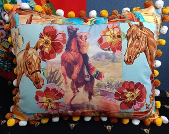 Southwest Western Cowgirl pillow rearing horse mountain mesa horsehead large flowers