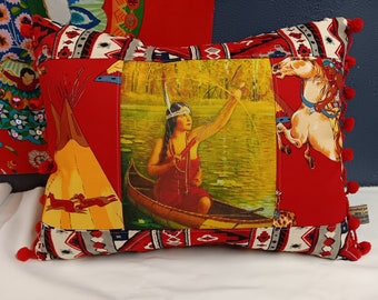 Native American Indian Art print pillow Maiden canoe teepee