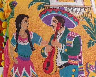 Vintage Mexican Fabric Pillow Serenade dancing guitar playing sunset colorful