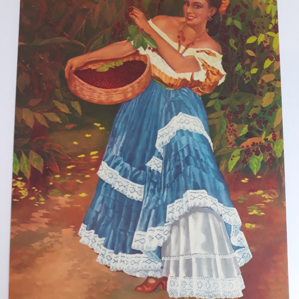 Calendrier mexicain vintage Art Senorita coupant des baies ou des fruits Haut bohème jupe mexicaine