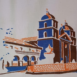 Vintage tablecloth California Mission bell tower