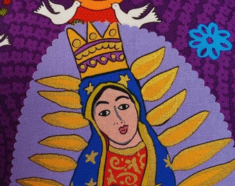 Our Lady of Guadalupe Folk Art Pillow egg plant plum color