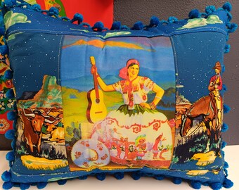 Southwest Western Cowboy pillow long horn cattle singing cowgirl guitar Senorita starry sky