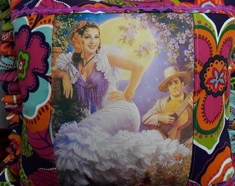 Vintage Mexican image pillow The Moon in Love Jesus Helguera rare fabrics Alexander Henry Spanish beauty Serenade decorative pillow
