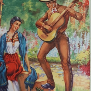 Vintage Mexican Calendar Print 1940s Moonlight guitar Serenade flower garden imagem 1