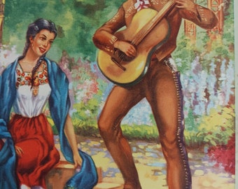 Vintage Mexican Calendar Print 1940s Moonlight guitar Serenade flower garden