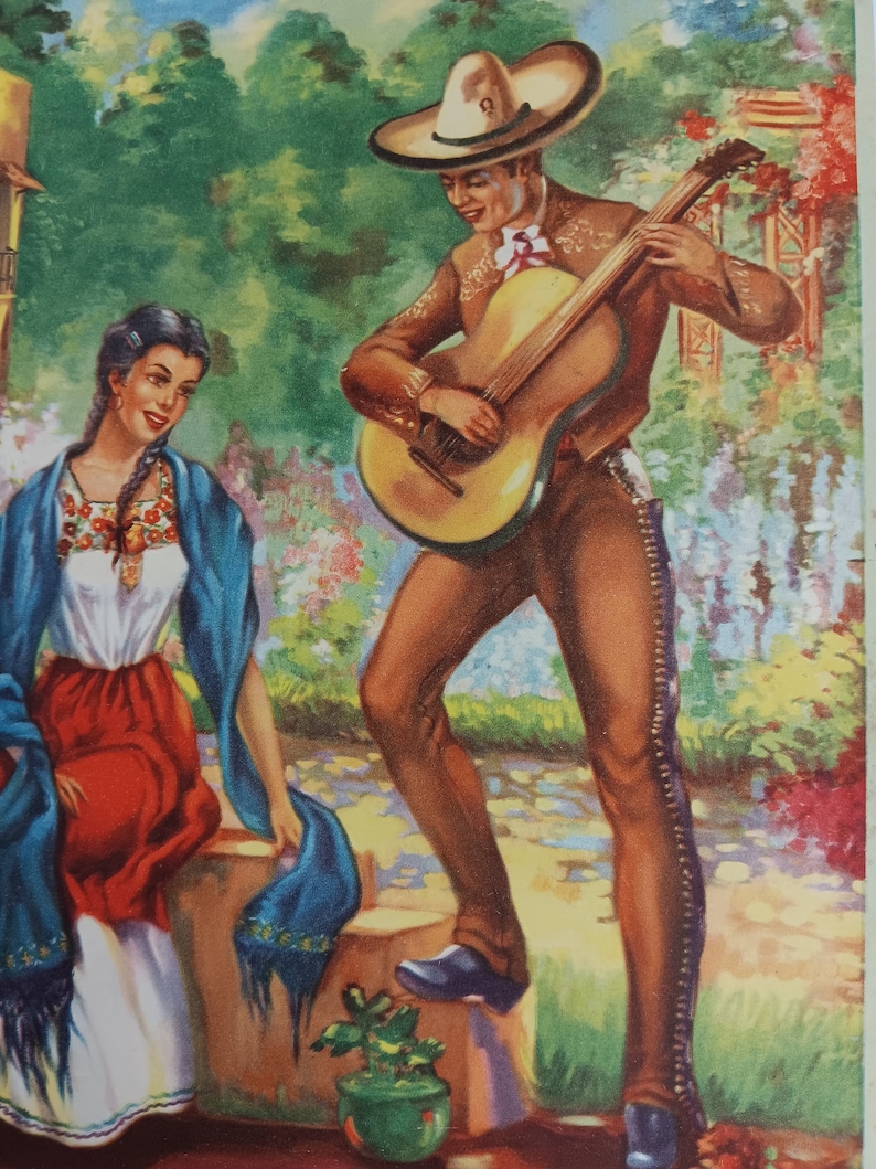 Vintage Mexican Calendar Print 1940s Moonlight guitar Serenade flower garden imagem 1