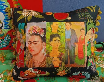 Viva Frida Kahlo Pillow Icon fabric 5 self portrait collage design