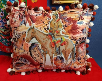 Old Western Pillow Native American Indian Warrior Hunter on horseback Tucson fabric