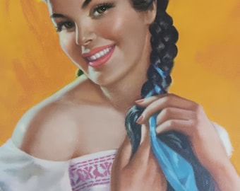 Original Old Mexico Calendar Girl signed Gomez Senorita Braided Hair boho top Blue Ribbons