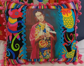 Viva Frida Fiesta pillow pinata bull owl rooster fabric serape print pom pom trim