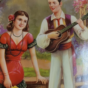 Vintage Mexican Calendar art Young Love Serenade garden flowers 11x17 image 2