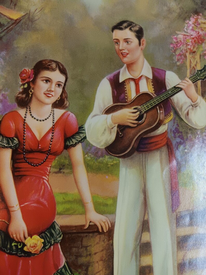 Vintage Mexican Calendar art Young Love Serenade garden flowers 11x17 image 2