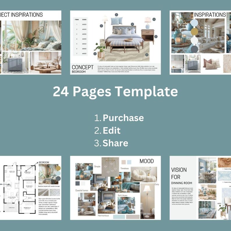 Op de afbeelding: Een 24-pagina template voor interieurontwerpprojecten. De template bevat pagina's voor inspiratie, moodboards, conceptborden en plattegronden. De template is ontworpen om u te helpen uw droomhuis te plannen en te visualiseren.