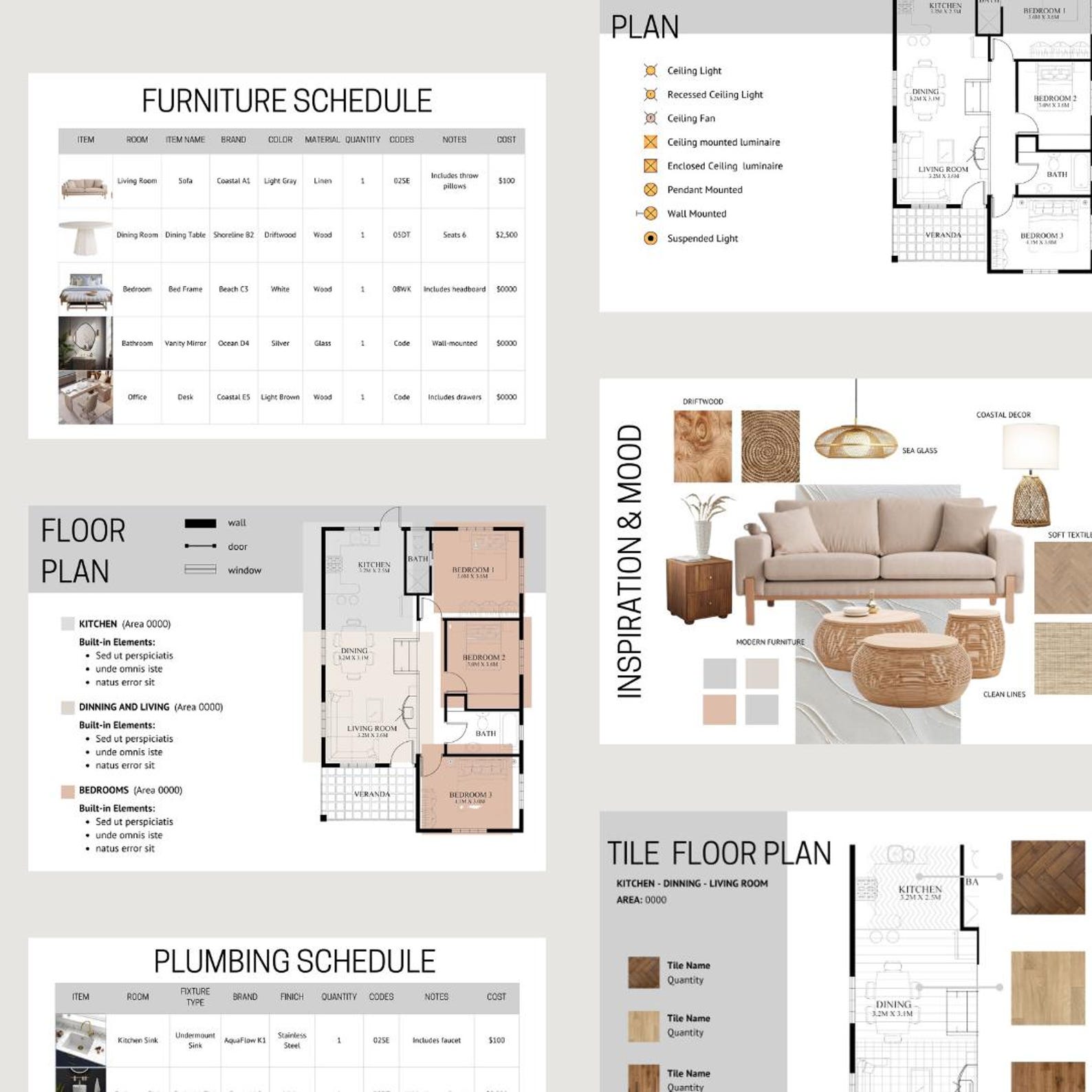 Interior Design Furniture, Fixtures and Finishes Schedule Template for ...