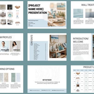 Op de afbeelding: Een presentatie voor een designstudioproject. De presentatie bevat een inhoudsopgave, team profielen, vloeropties, wandbehandelingen en een introductie. De presentatie bevat ook een productlijst met afbeeldingen en beschrijvingen.