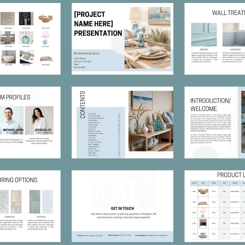 Op de afbeelding: Een presentatie voor een designstudioproject. De presentatie bevat een inhoudsopgave, team profielen, vloeropties, wandbehandelingen en een introductie. De presentatie bevat ook een productlijst met afbeeldingen en beschrijvingen.